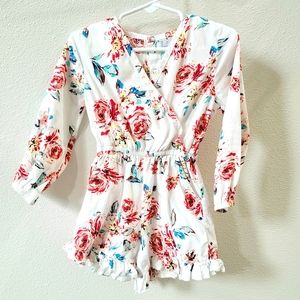 Bailey's Blossoms | floral print little girl ruffled bottom v-neck romper